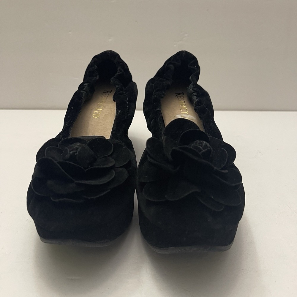Restricted Black Suede Platform Rosette Slip-ons Shoes Womens 7.5 Whimsy Fairy - Picture 3 of 11